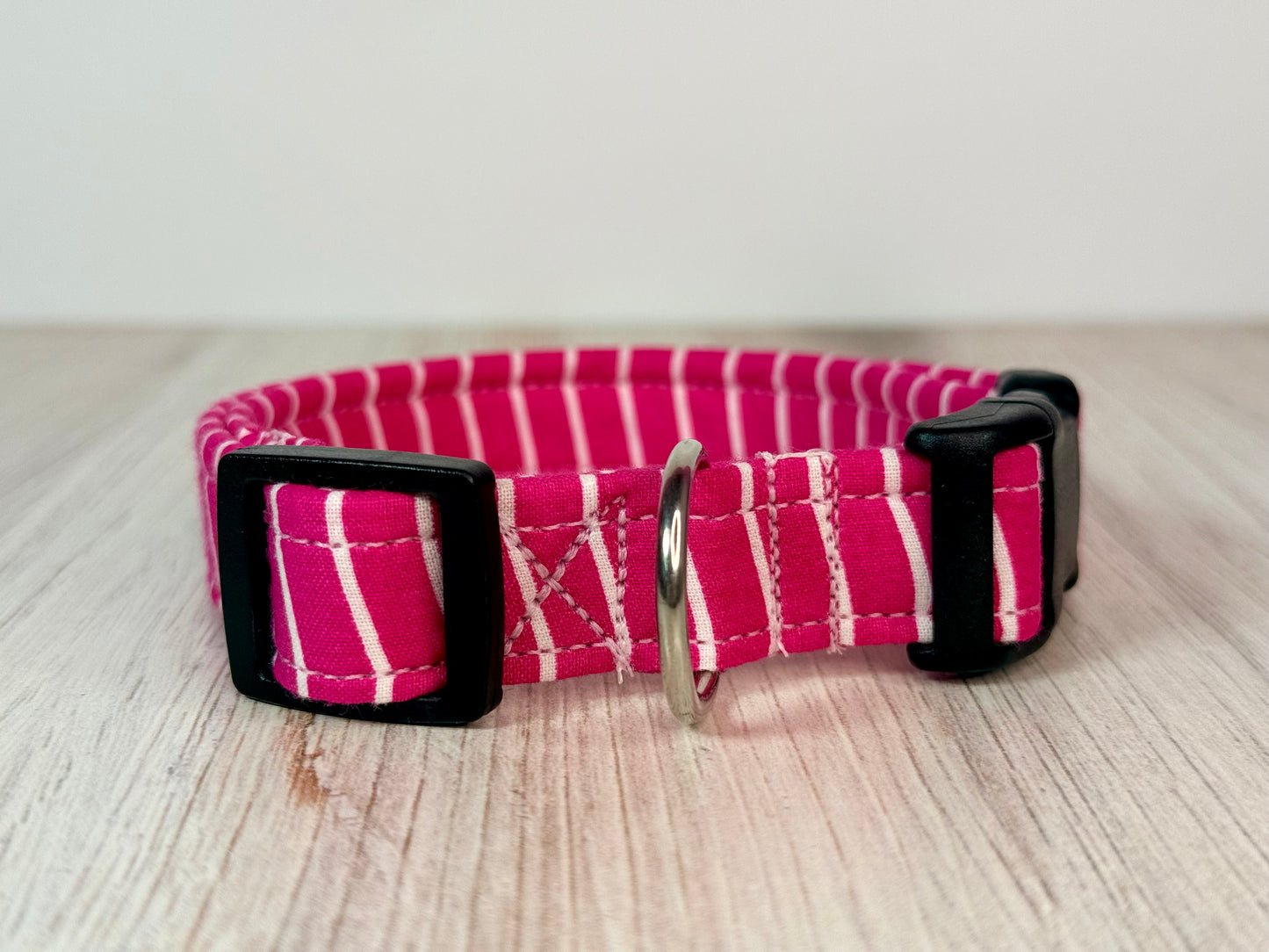 Pink and white striped handmade dog collar: Adjustable side release, washable cotton fabric, webbing core, customizable hardware color
