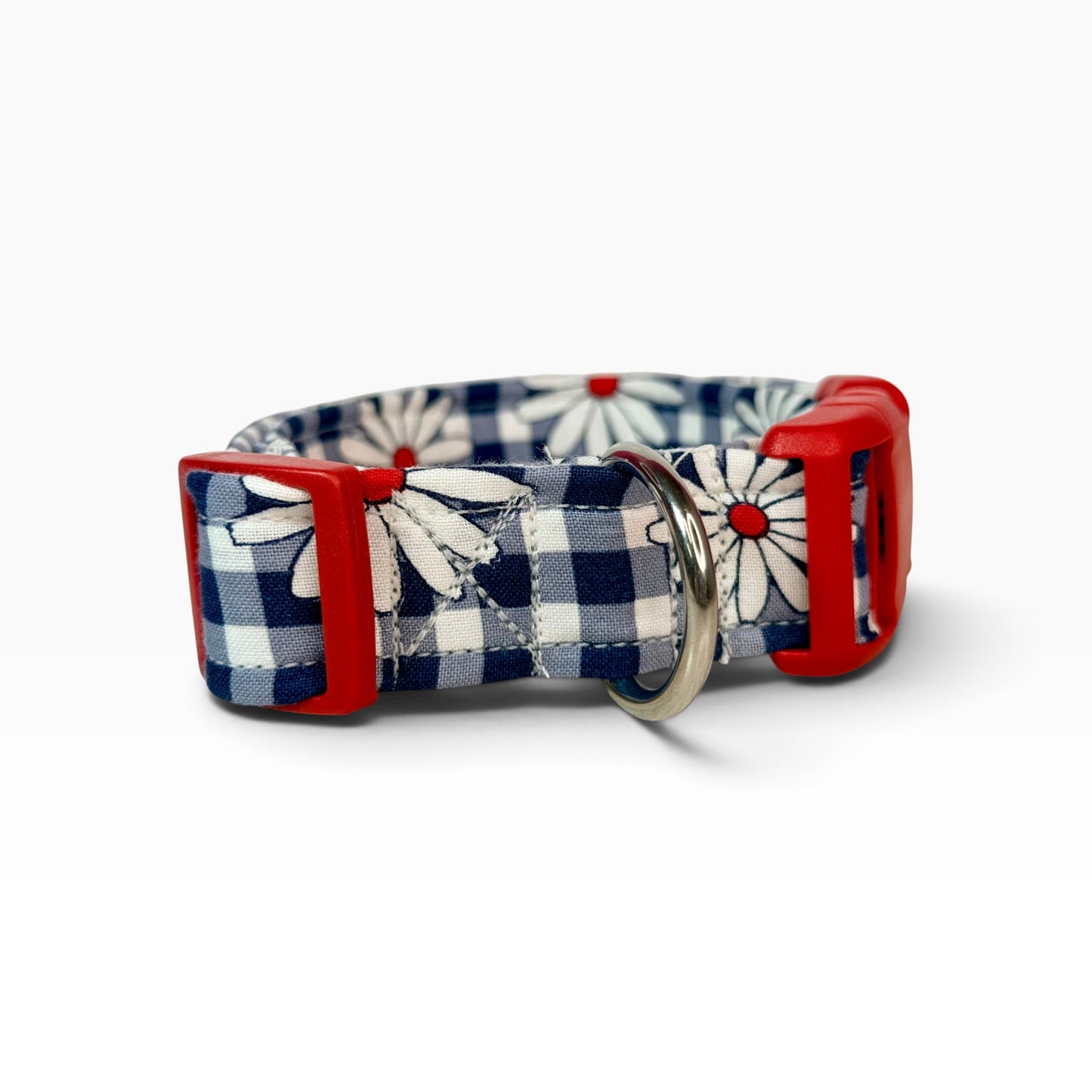 Daisy and blue gingham Handmade dog collar,  Handmade Pet Collar with Heavy-Duty Webbing & Stainless Steel Hardware