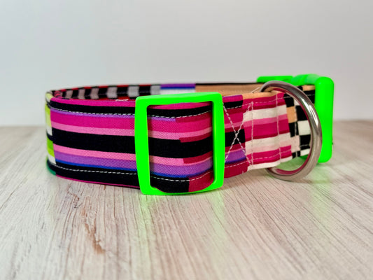 Rainbow Checkers and stripe Print handmade Dog Collar: adjustable side release,  Washable cotton Fabric, webbing core, customizable hardware
