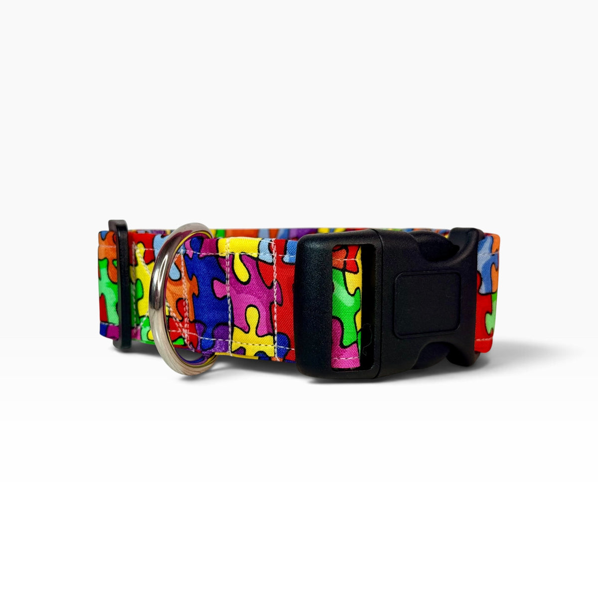 Rainbow puzzle piece Handmade dog collar,  Handmade Pet Collar with Heavy-Duty Webbing & Stainless Steel Hardware