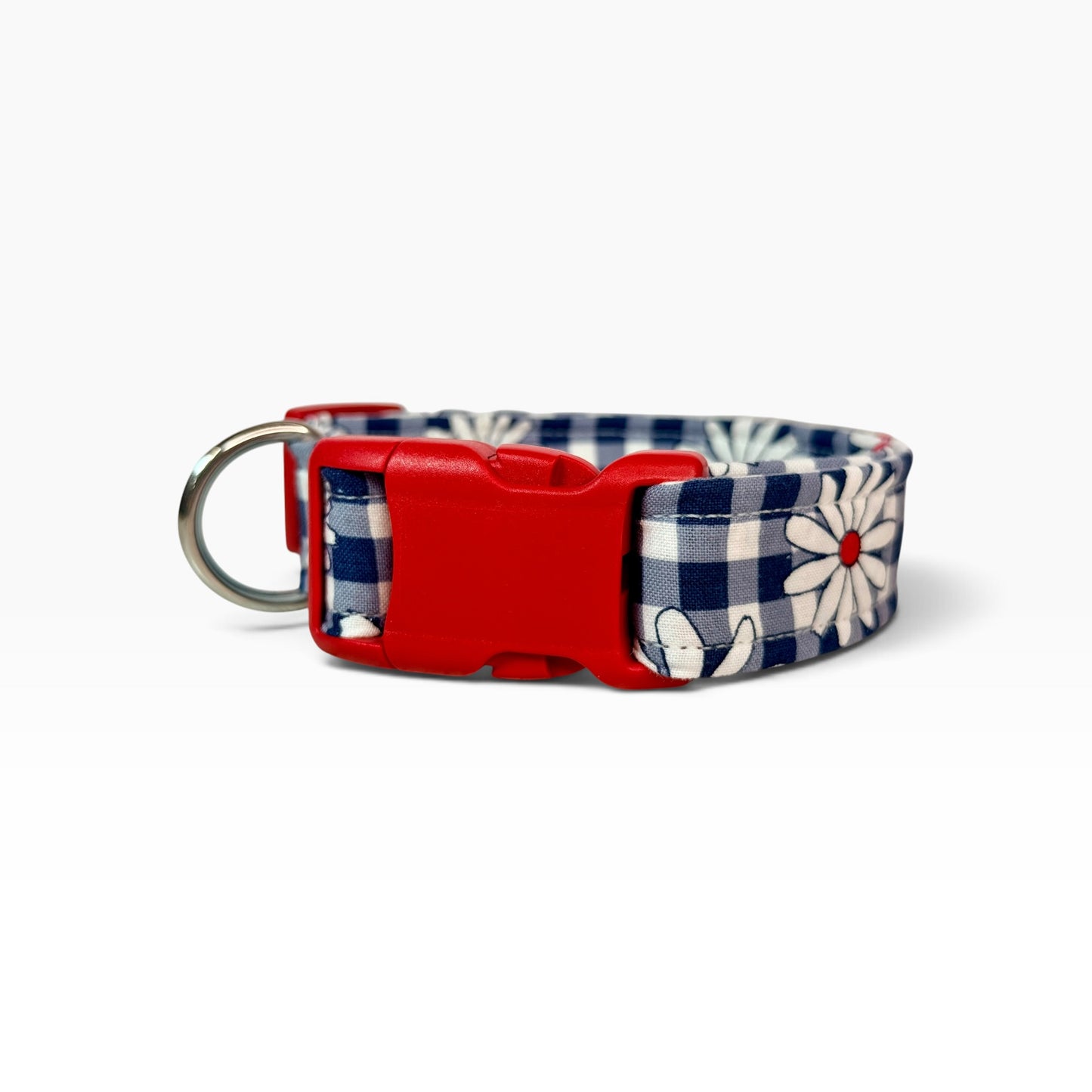 Daisy and blue gingham Handmade dog collar,  Handmade Pet Collar with Heavy-Duty Webbing & Stainless Steel Hardware