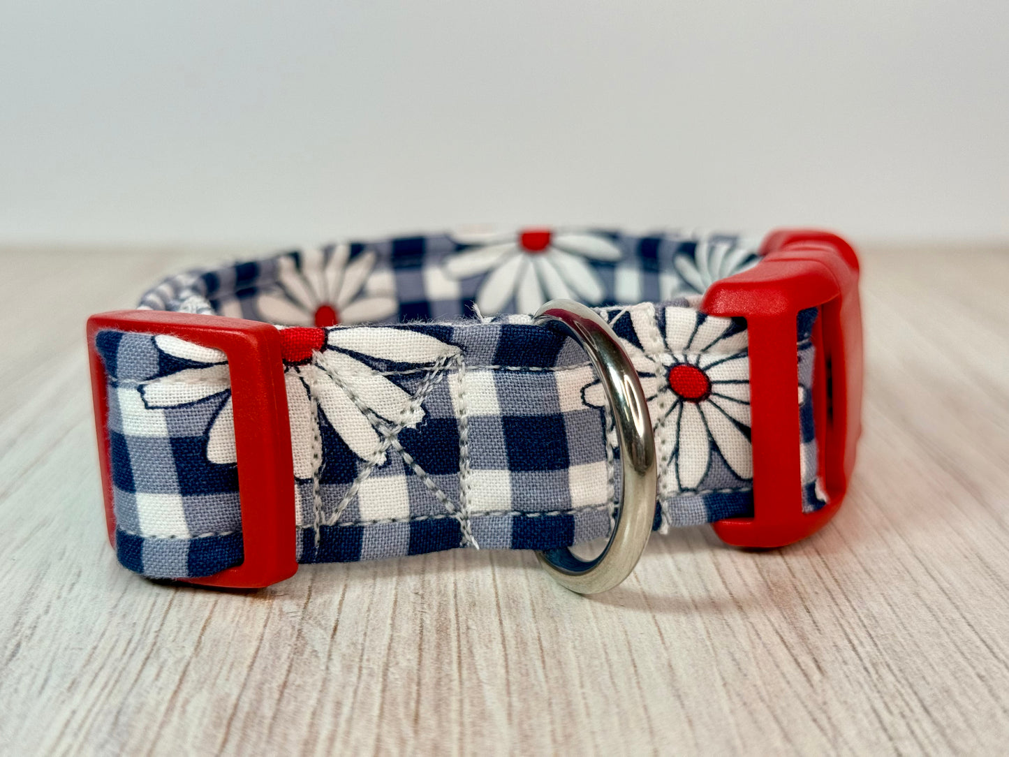 Daisy and blue gingham Handmade dog collar,  Handmade Pet Collar with Heavy-Duty Webbing & Stainless Steel Hardware