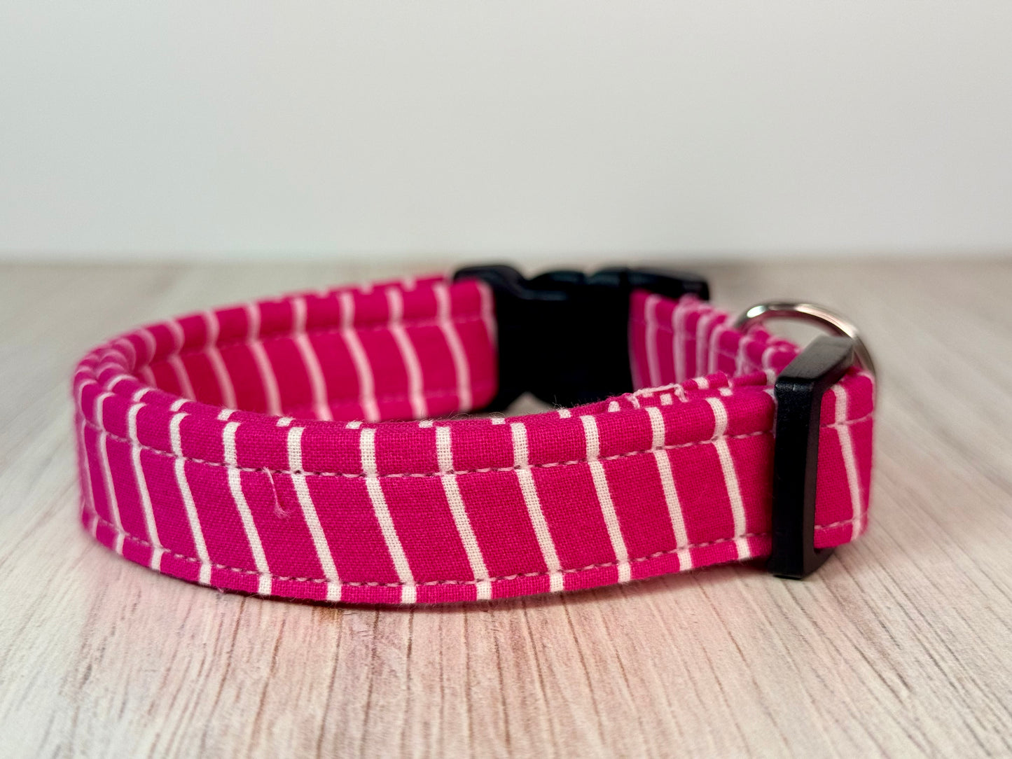Pink and white striped handmade dog collar: Adjustable side release, washable cotton fabric, webbing core, customizable hardware color