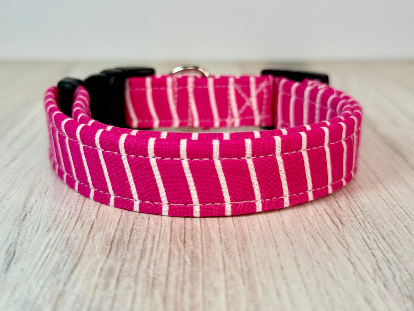 Pink and white striped handmade dog collar: Adjustable side release, washable cotton fabric, webbing core, customizable hardware color