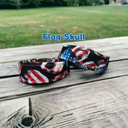 American Flag Skull Dog collar, side release and adjustable. Handmade in Moline Illinois