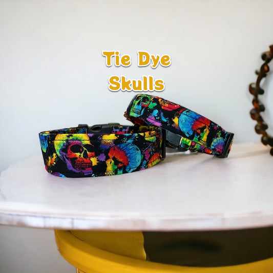 Tie dye skull dog collar, side release collar - adjustable - handmade in Moline Illinois