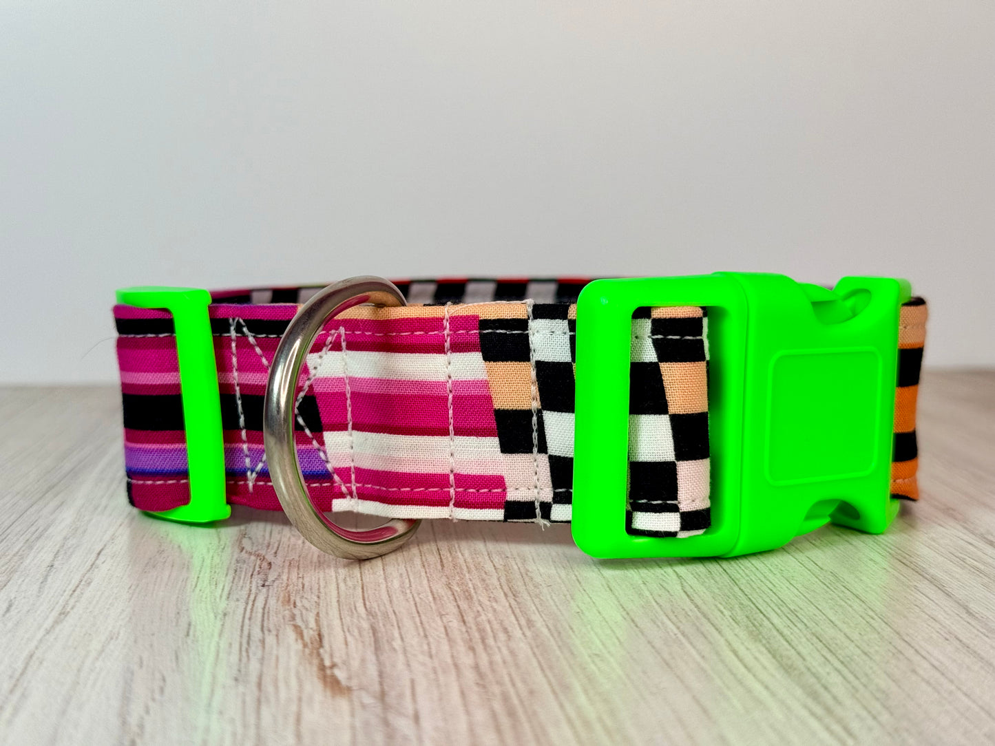 Rainbow Checkers and stripe Print handmade Dog Collar: adjustable side release,  Washable cotton Fabric, webbing core, customizable hardware