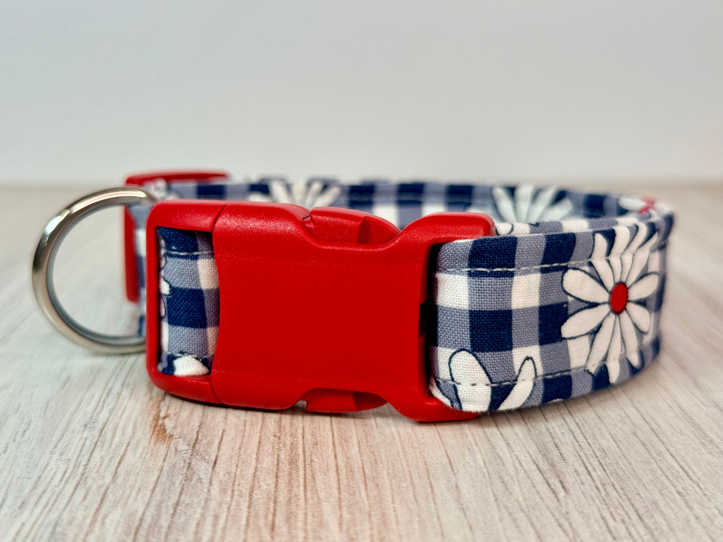 Daisy and blue gingham Handmade dog collar,  Handmade Pet Collar with Heavy-Duty Webbing & Stainless Steel Hardware
