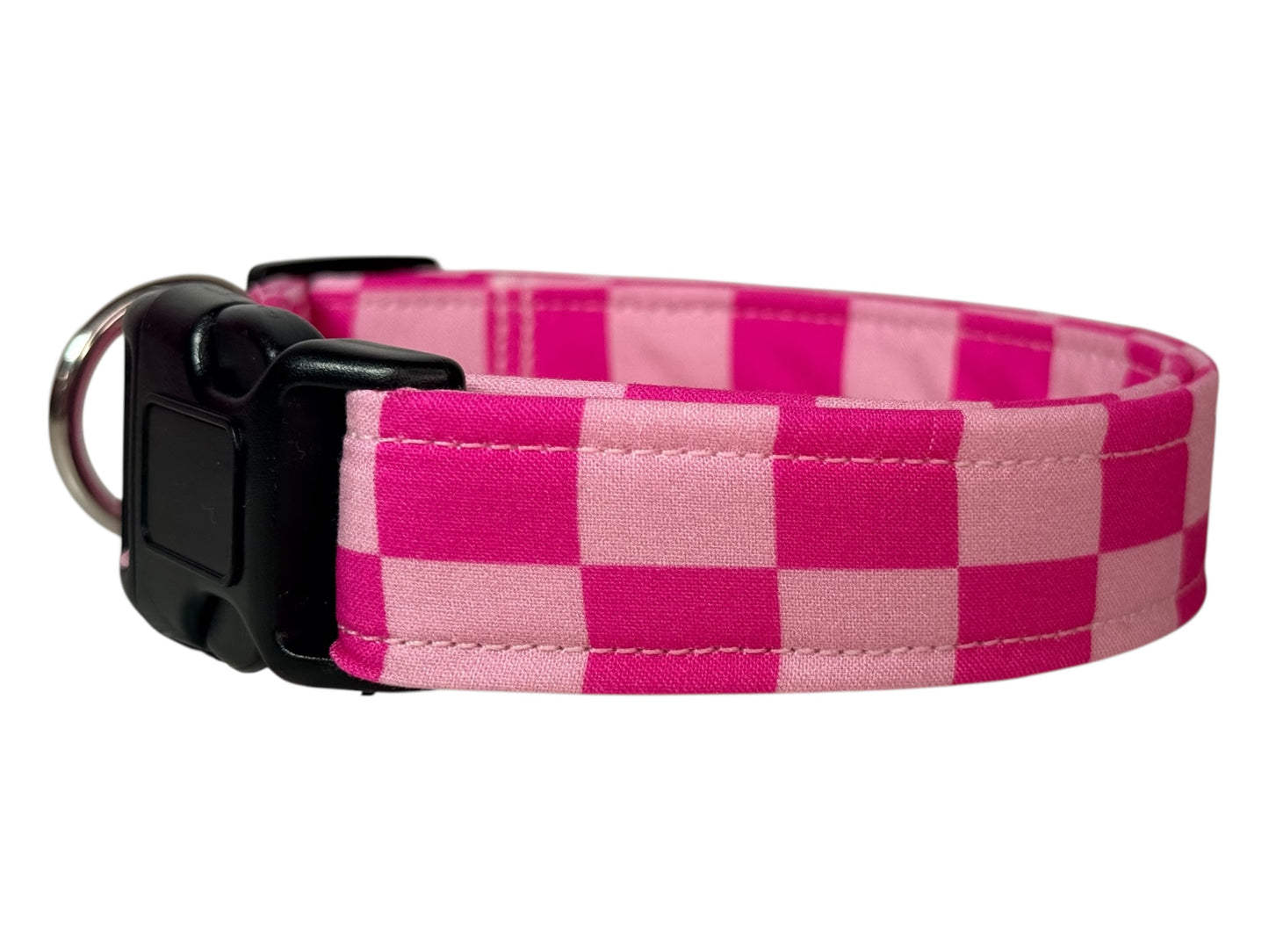 Pink retro checkered Handmade dog collar, adjustable side release, Handmade Pet Collar with Heavy-Duty Webbing, washable fabric,