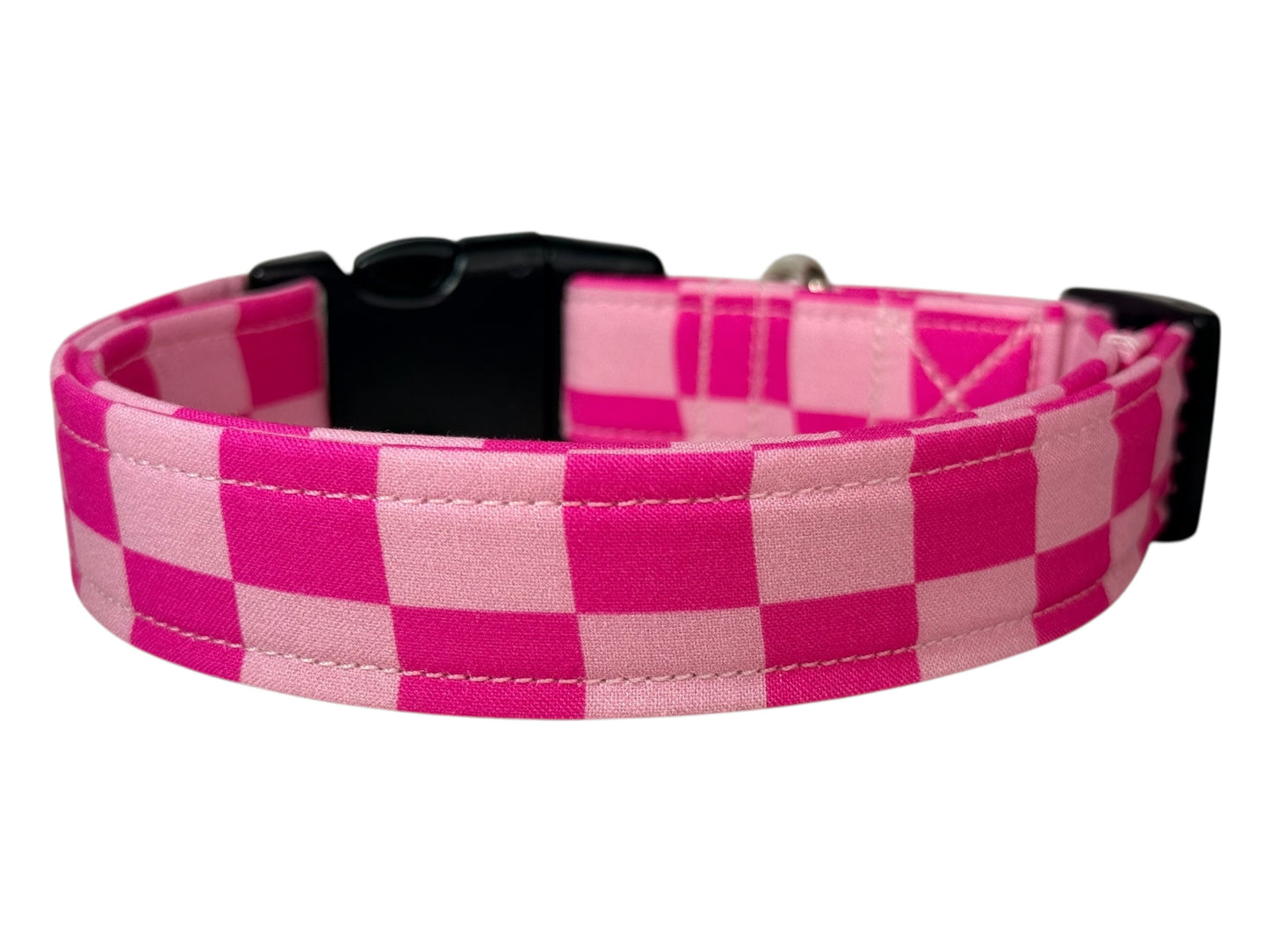 Pink retro checkered Handmade dog collar, adjustable side release, Handmade Pet Collar with Heavy-Duty Webbing, washable fabric,