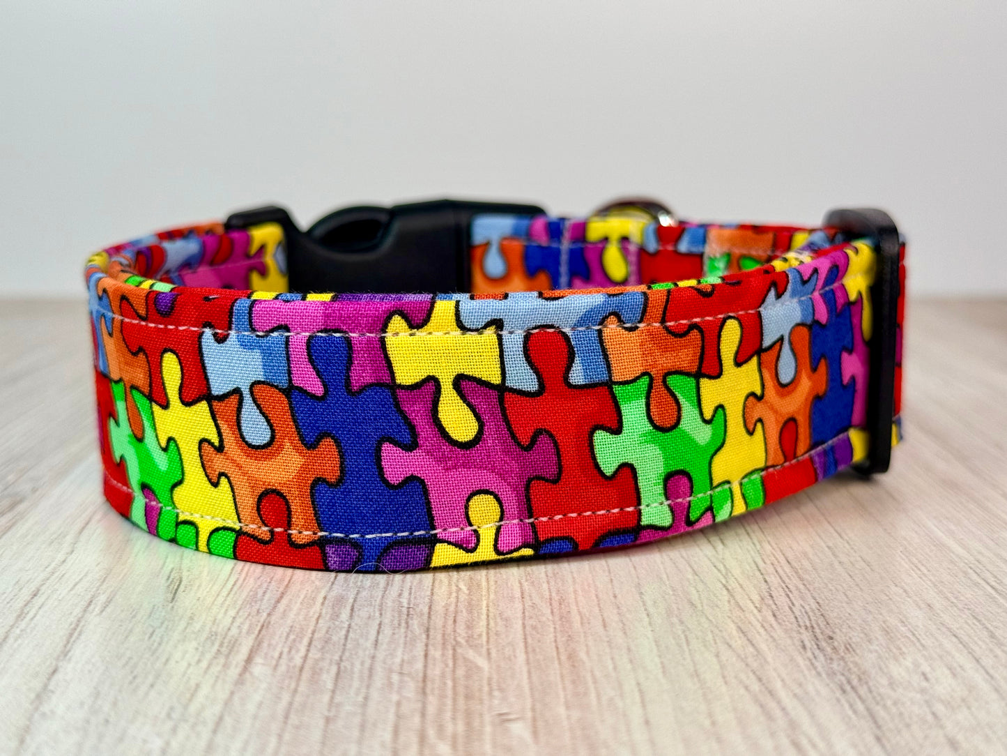 Rainbow puzzle piece Handmade dog collar,  Handmade Pet Collar with Heavy-Duty Webbing & Stainless Steel Hardware