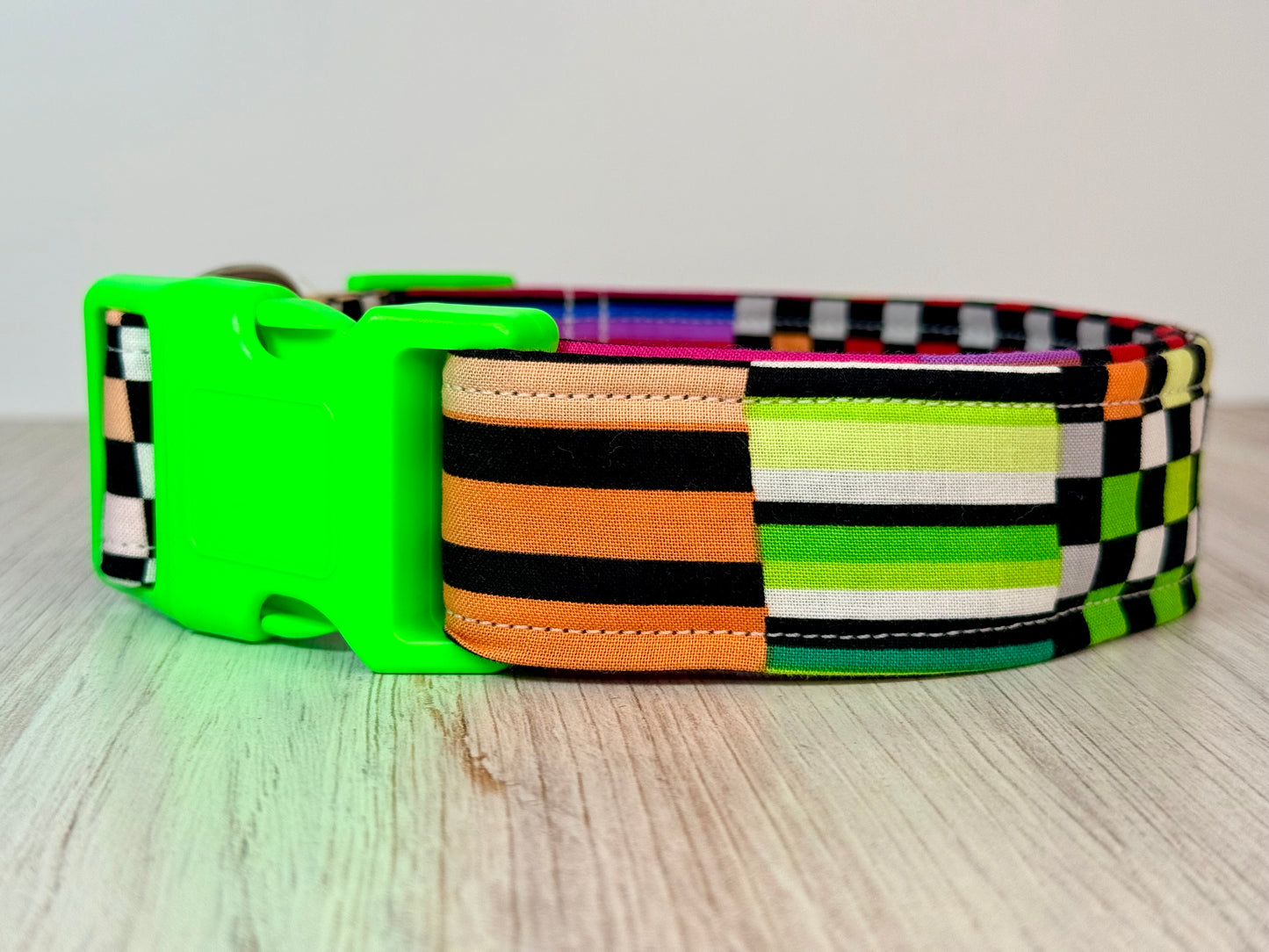 Rainbow Checkers and stripe Print handmade Dog Collar: adjustable side release,  Washable cotton Fabric, webbing core, customizable hardware