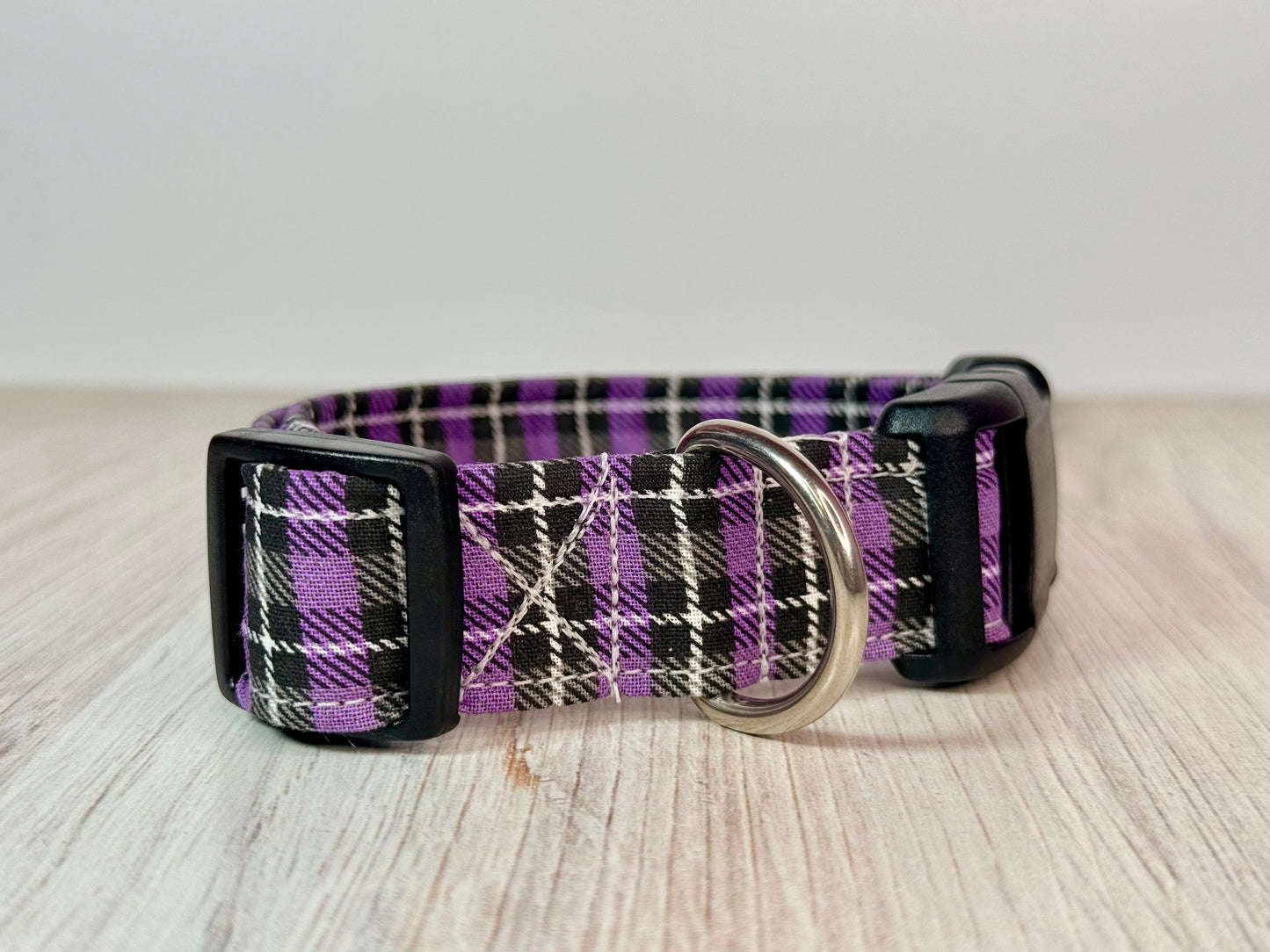 Purple Plaid Handmade dog collar: Adjustable side release, washable cotton fabric, webbing core, customizable hardware color