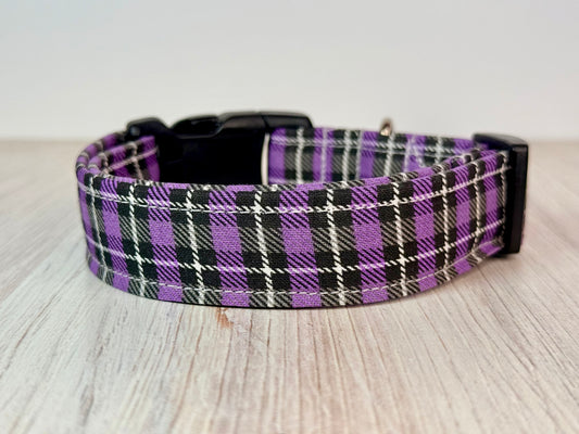 Purple Plaid Handmade dog collar: Adjustable side release, washable cotton fabric, webbing core, customizable hardware color
