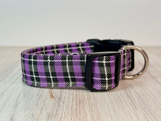 Purple Plaid Handmade dog collar: Adjustable side release, washable cotton fabric, webbing core, customizable hardware color