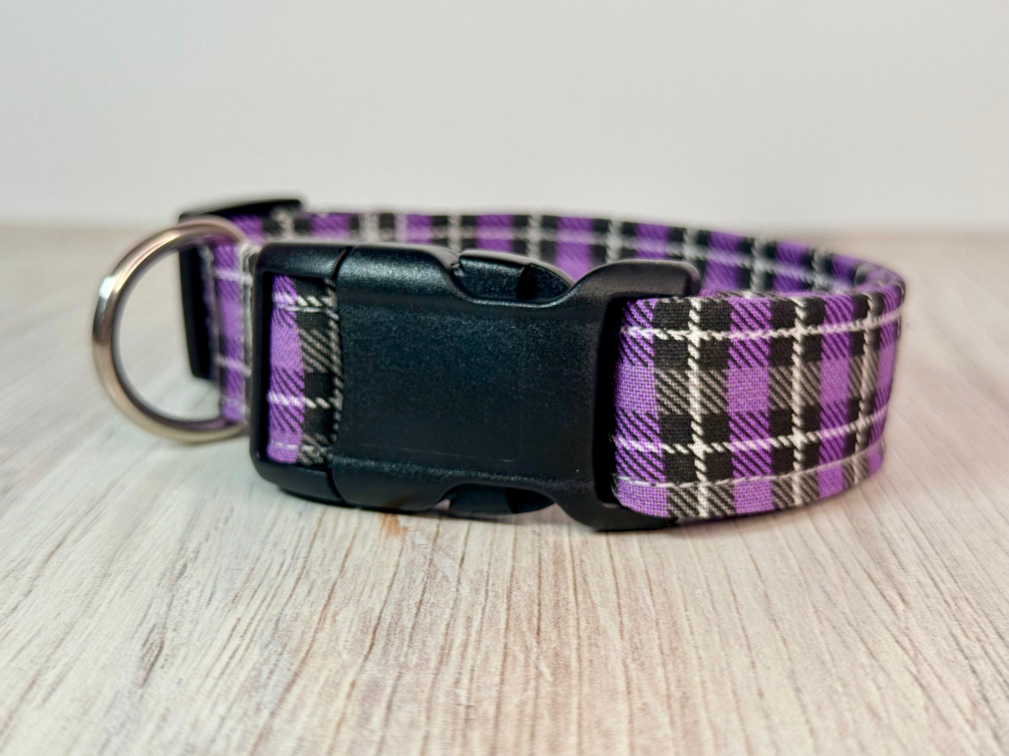 Purple Plaid Handmade dog collar: Adjustable side release, washable cotton fabric, webbing core, customizable hardware color