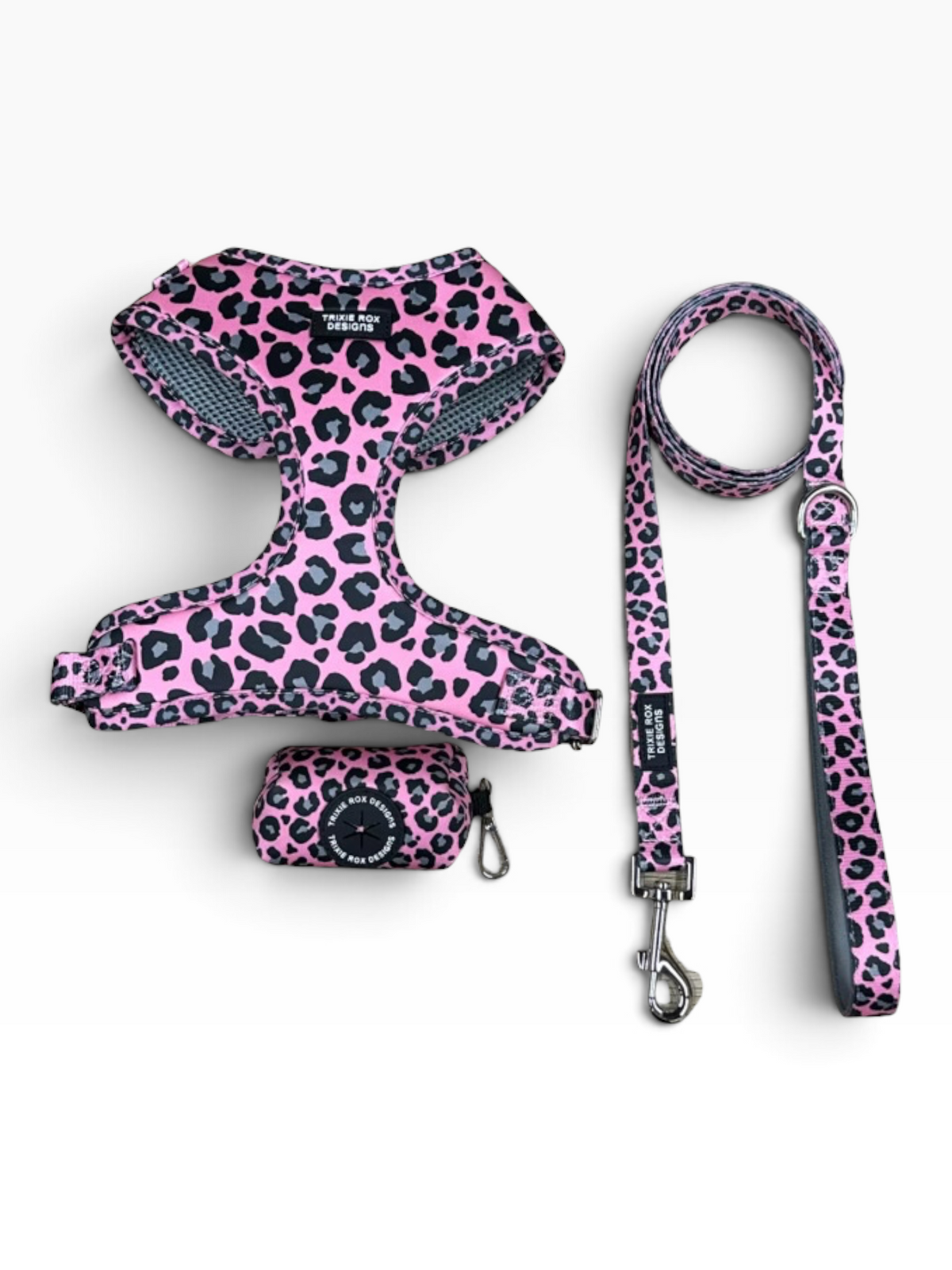 Pink and gray leopard Neoprene Dog Harness – Adjustable & Comfortable | Add Matching Leash & Poop Bag Set