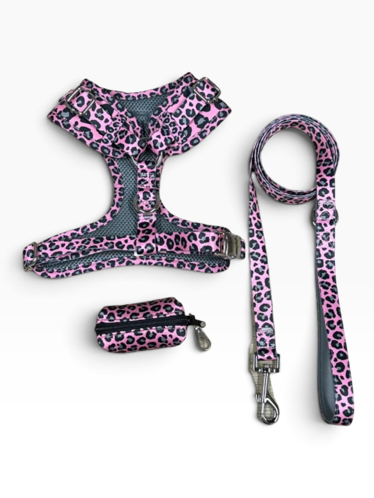 Pink and gray leopard Neoprene Dog Harness – Adjustable & Comfortable | Add Matching Leash & Poop Bag Set
