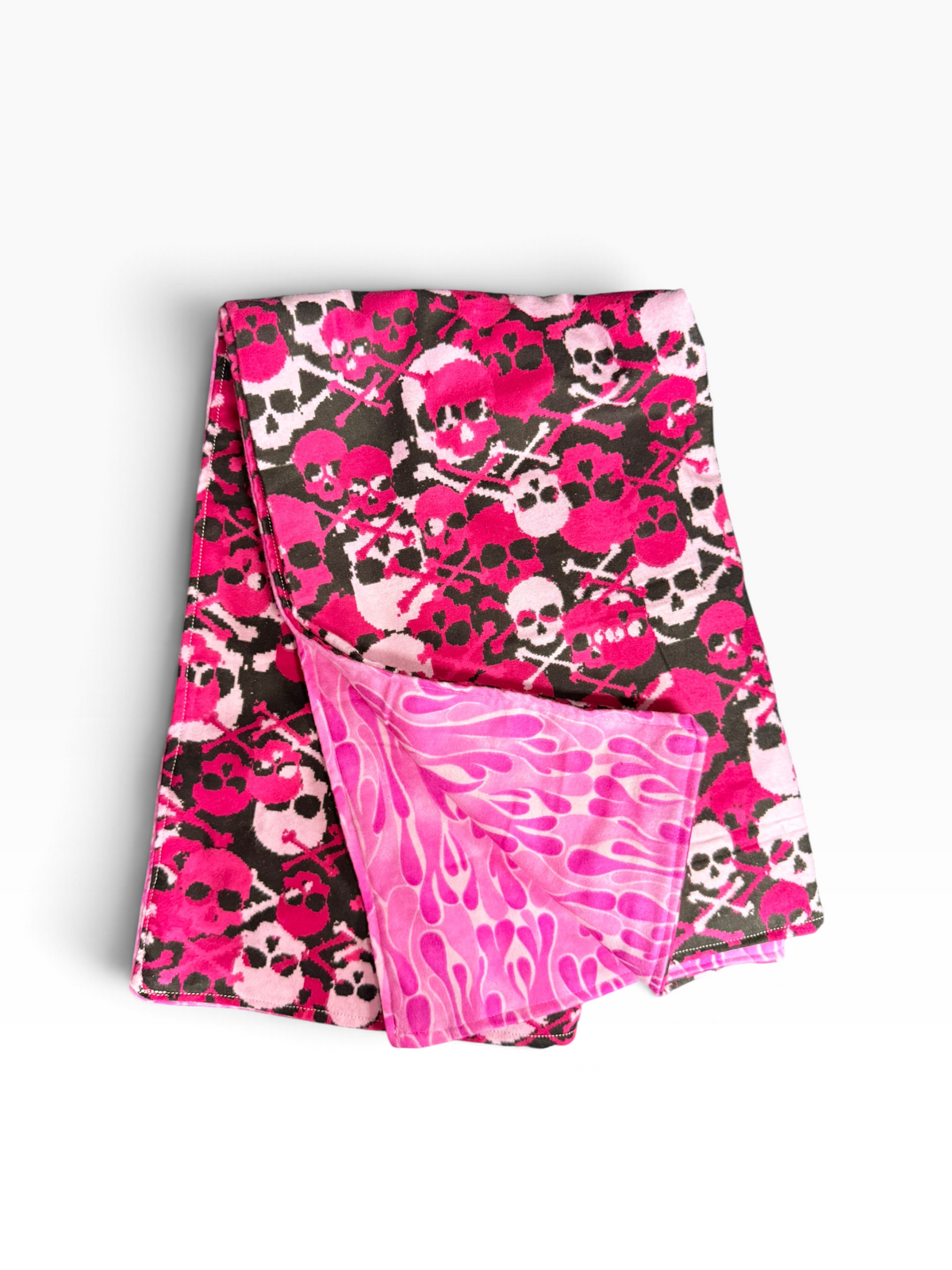 Pink skull and flames flannel pet blanket