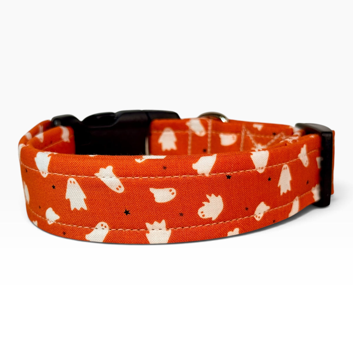 Halloween ghosts on orange Handmade dog collar, Handmade Pet Collar with Heavy-Duty Webbing & Stainless Steel Hardware