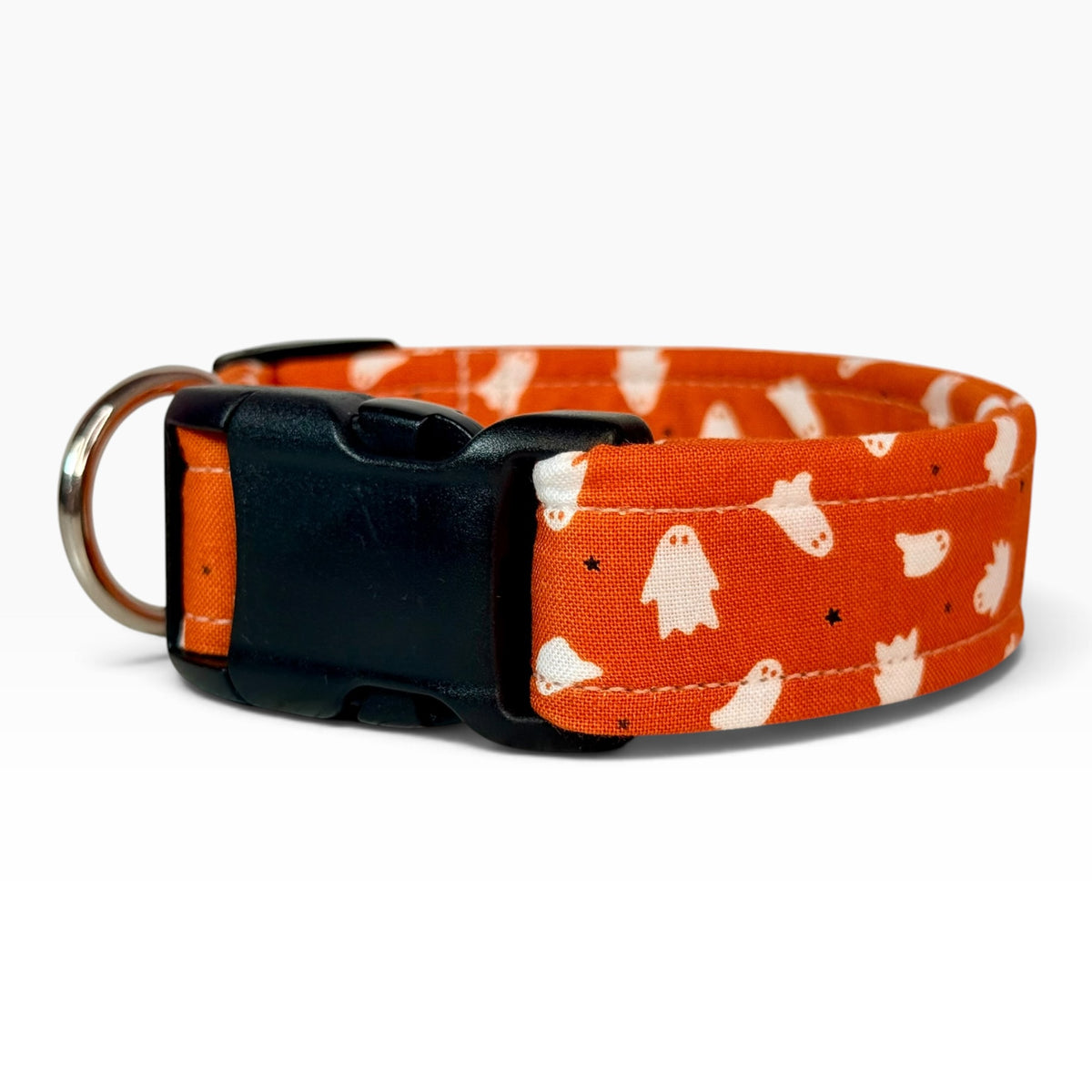 Halloween ghosts on orange Handmade dog collar, Handmade Pet Collar with Heavy-Duty Webbing & Stainless Steel Hardware