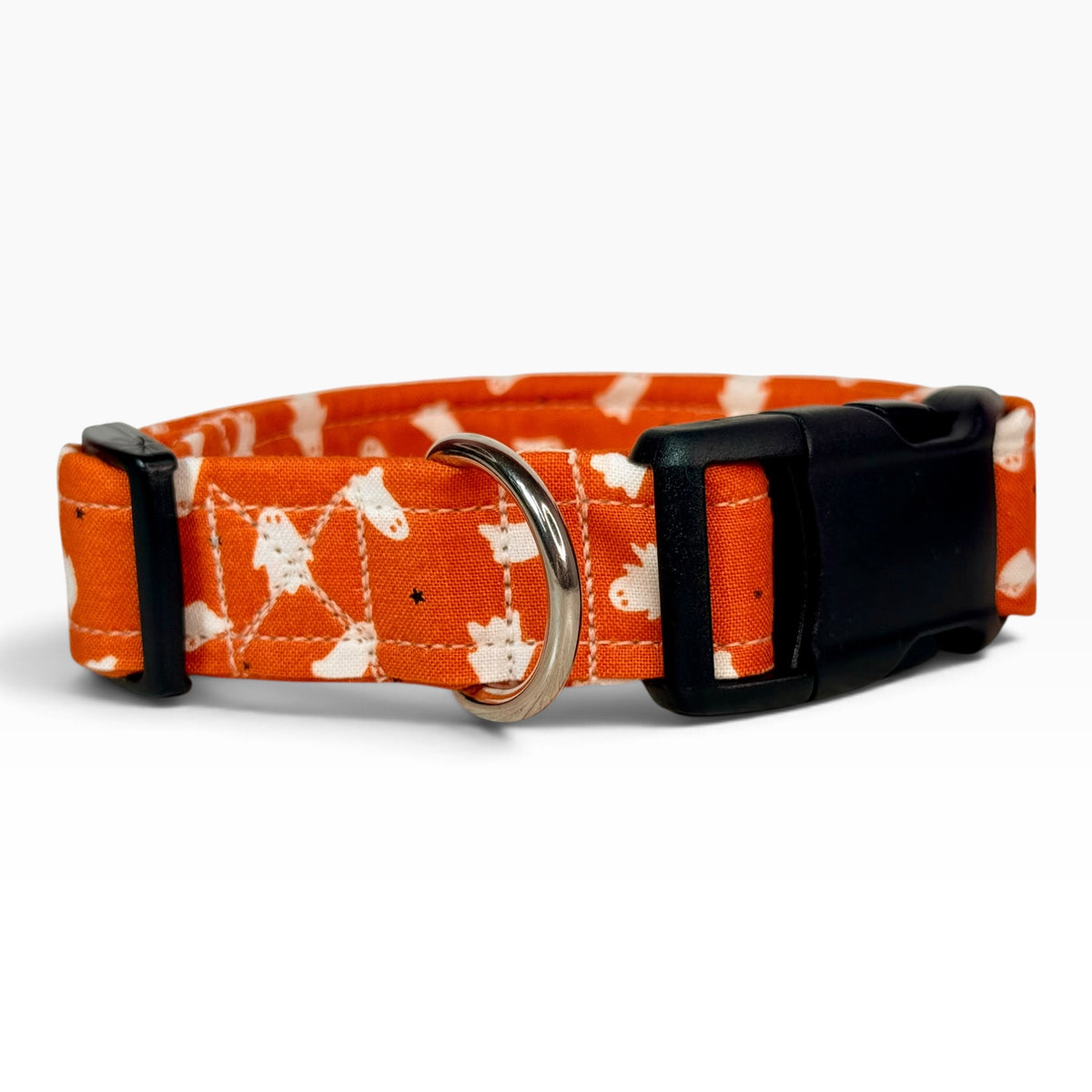 Halloween ghosts on orange Handmade dog collar, Handmade Pet Collar with Heavy-Duty Webbing & Stainless Steel Hardware