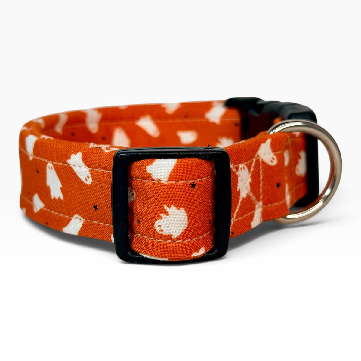 Halloween ghosts on orange Handmade dog collar, Handmade Pet Collar with Heavy-Duty Webbing & Stainless Steel Hardware