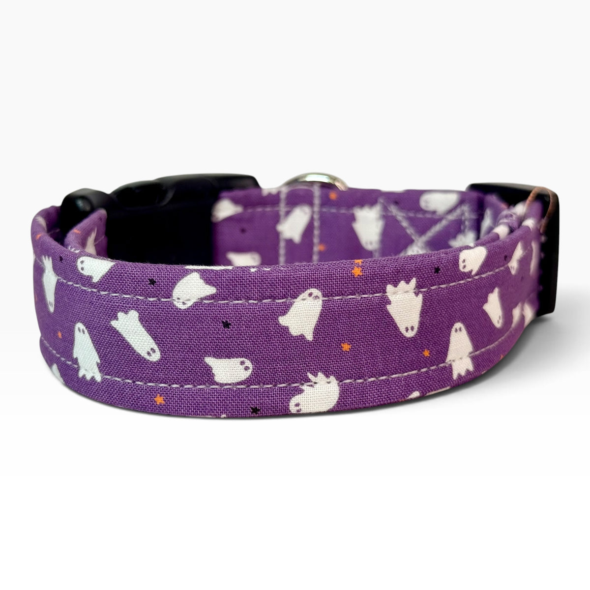 Halloween ghosts on purple Handmade dog collar, Handmade Pet Collar with Heavy-Duty Webbing & Stainless Steel Hardware