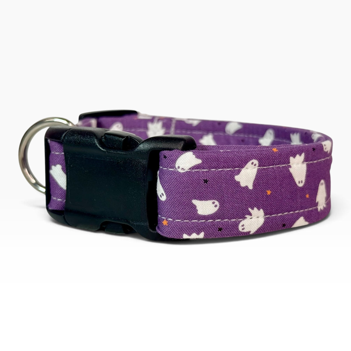 Halloween ghosts on purple Handmade dog collar, Handmade Pet Collar with Heavy-Duty Webbing & Stainless Steel Hardware