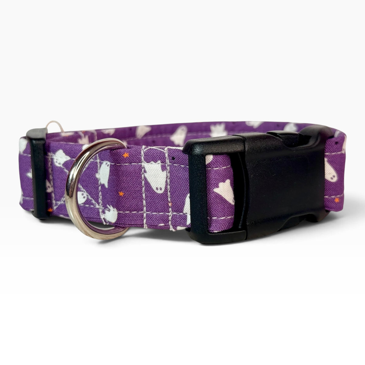 Halloween ghosts on purple Handmade dog collar, Handmade Pet Collar with Heavy-Duty Webbing & Stainless Steel Hardware