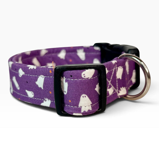 Halloween ghosts on purple Handmade dog collar, Handmade Pet Collar with Heavy-Duty Webbing & Stainless Steel Hardware