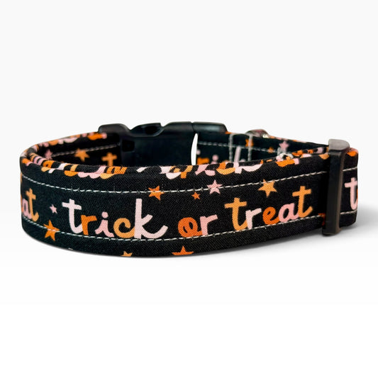 Halloween trick or treat Handmade dog collar, Handmade Pet Collar with Heavy-Duty Webbing & Stainless Steel Hardware