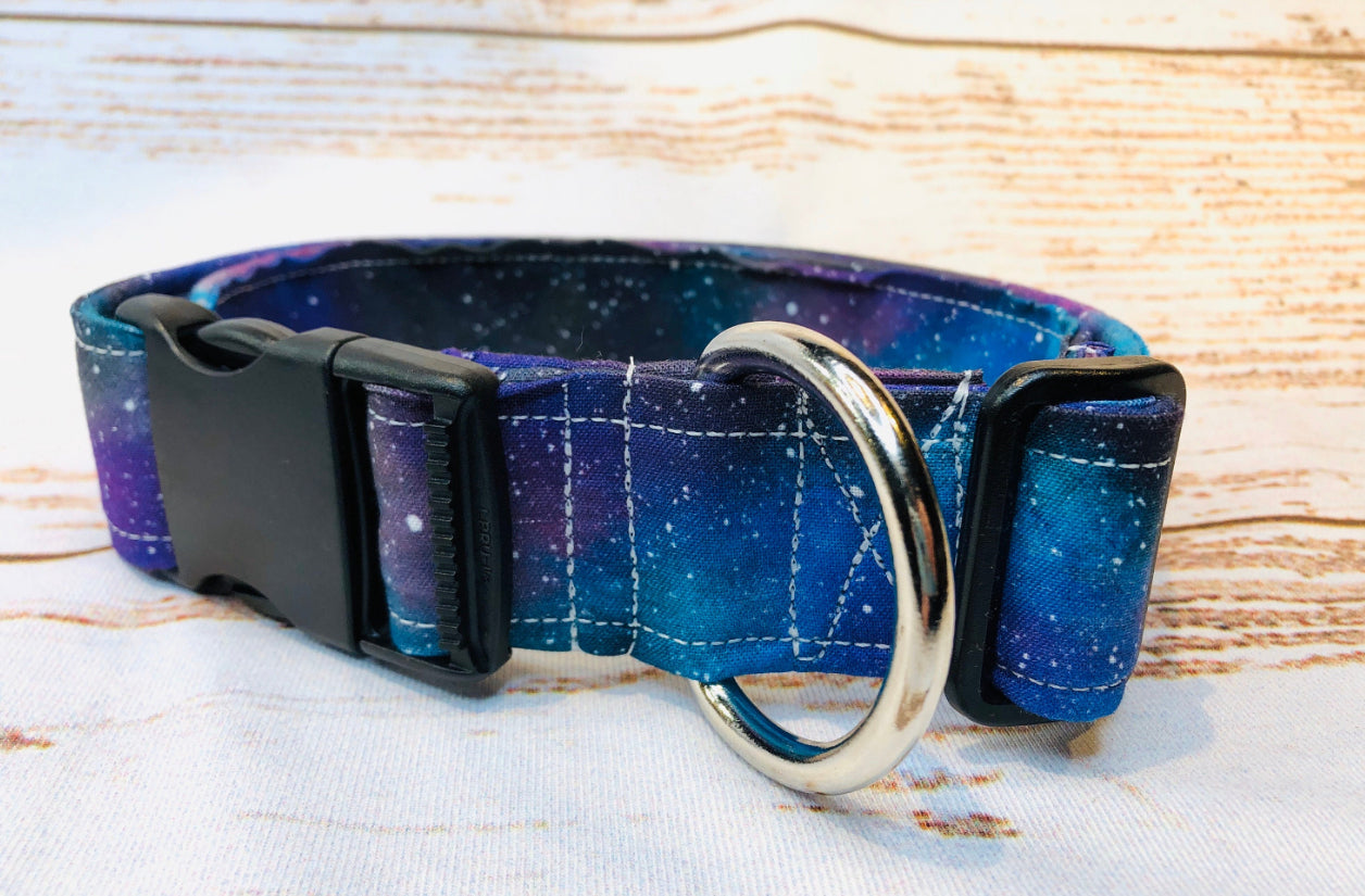 Watercolor galaxy dog collar, handmade side released adjustable dog collar.