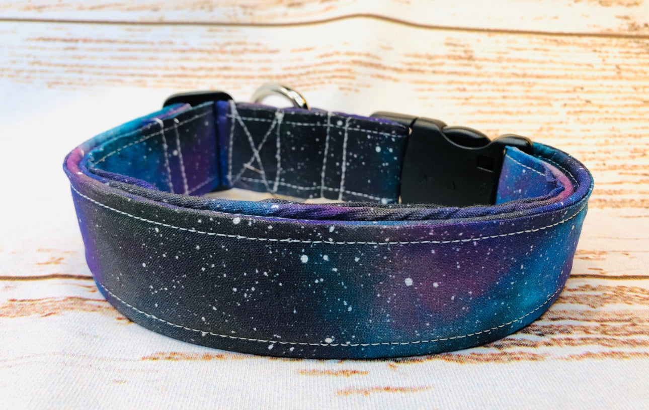 Watercolor galaxy dog collar, handmade side released adjustable dog collar.