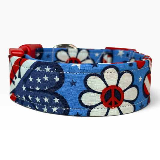 American Flag Patriotic Daisy Handmade floral dog collar, Handmade Pet Collar with Heavy-Duty Webbing & Stainless Steel Hardware