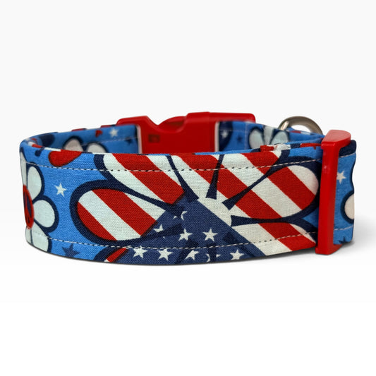 American Flag Patriotic Daisy Handmade floral dog collar, Handmade Pet Collar with Heavy-Duty Webbing & Stainless Steel Hardware