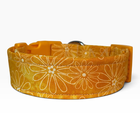 Daisy on yellow Handmade floral dog collar,  Handmade Pet Collar with Heavy-Duty Webbing & Stainless Steel Hardware