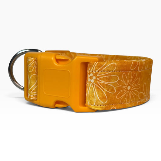 Daisy on yellow Handmade floral dog collar,  Handmade Pet Collar with Heavy-Duty Webbing & Stainless Steel Hardware