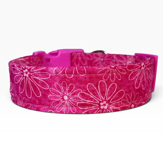 Daisy on Pink Handmade floral dog collar,  Handmade Pet Collar with Heavy-Duty Webbing & Stainless Steel Hardware