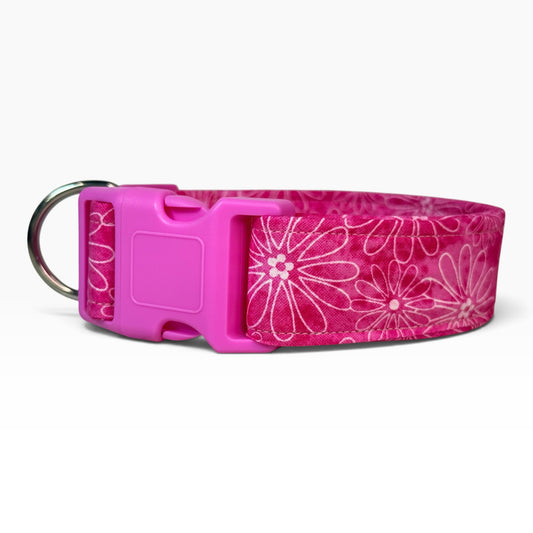 Daisy on Pink Handmade floral dog collar,  Handmade Pet Collar with Heavy-Duty Webbing & Stainless Steel Hardware