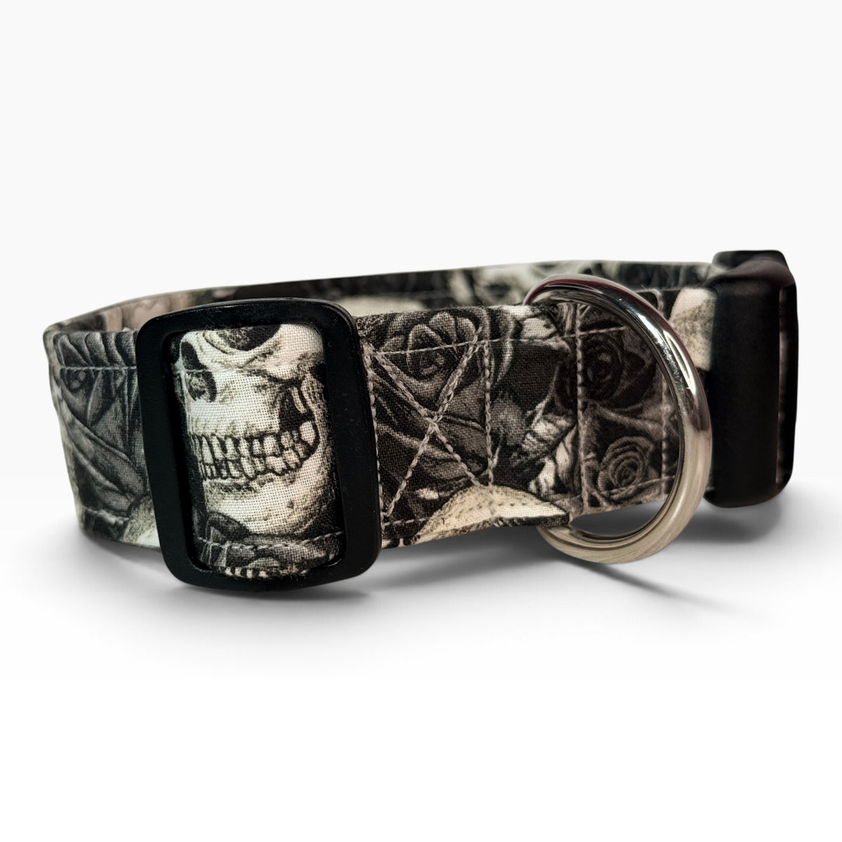 Skulls and Roses Handmade dog collar, Handmade Pet Collar with Heavy-Duty Webbing & Stainless Steel Hardware