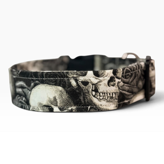 Skulls and Roses Handmade dog collar, Handmade Pet Collar with Heavy-Duty Webbing & Stainless Steel Hardware