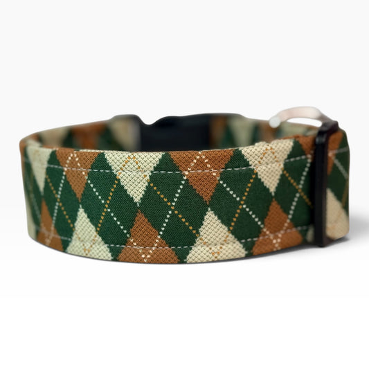 Green Argyle Plaid Handmade dog collar,  Handmade Pet Collar with Heavy-Duty Webbing & Stainless Steel Hardware