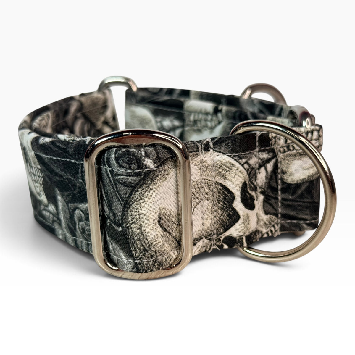 Skulls and Roses handmade martingale dog collar - No buckle, gentle choke training collar