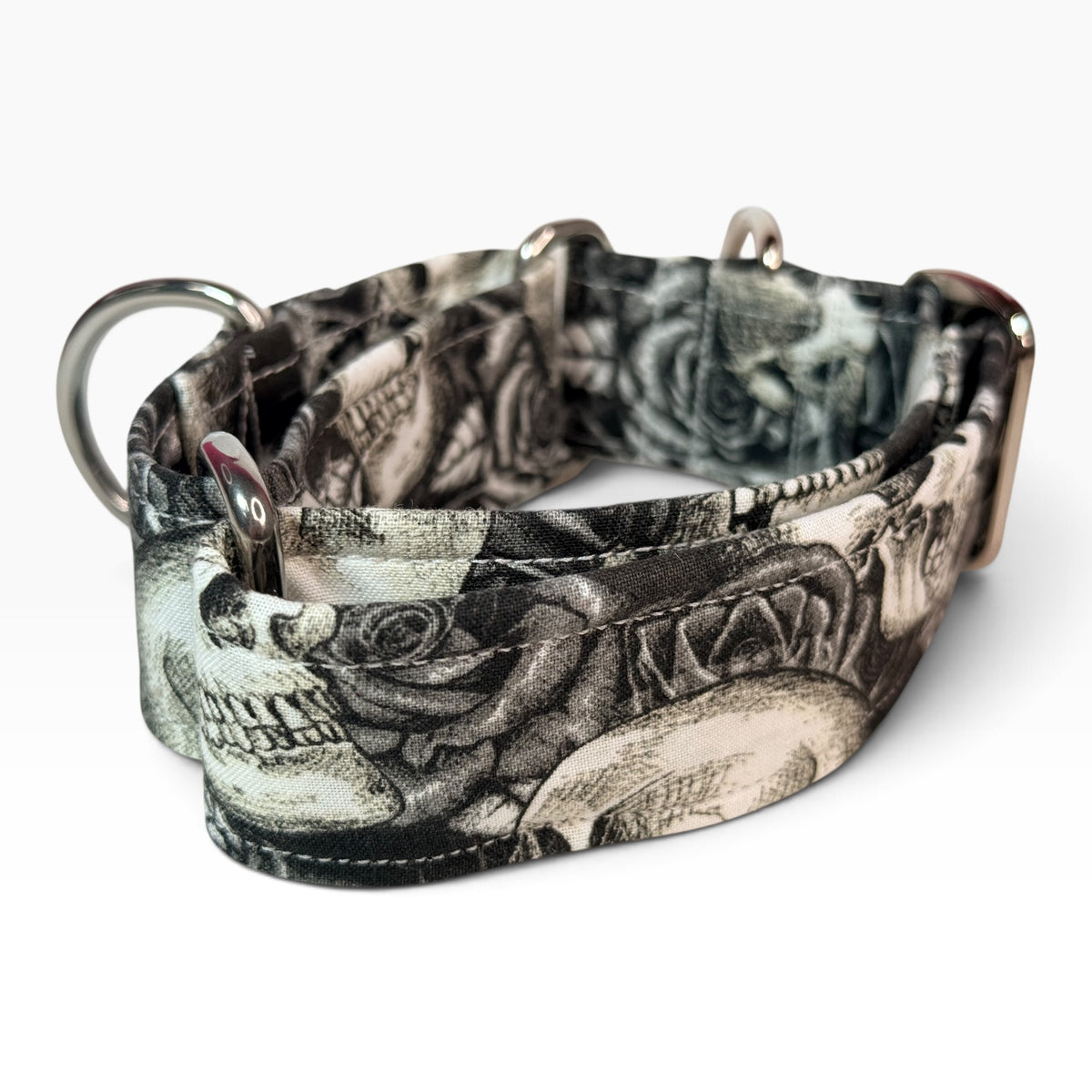 Skulls and Roses handmade martingale dog collar - No buckle, gentle choke training collar