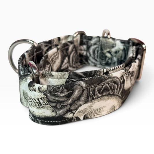 Skulls and Roses handmade martingale dog collar - No buckle, gentle choke training collar