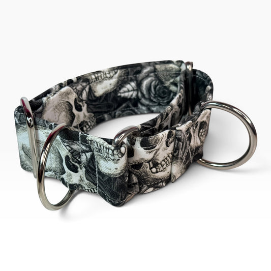Skulls and Roses handmade martingale dog collar - No buckle, gentle choke training collar
