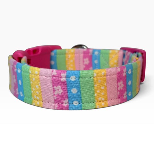 Floral and Pastel Stripes Handmade dog collar,  Handmade Pet Collar with Heavy-Duty Webbing & Stainless Steel Hardware