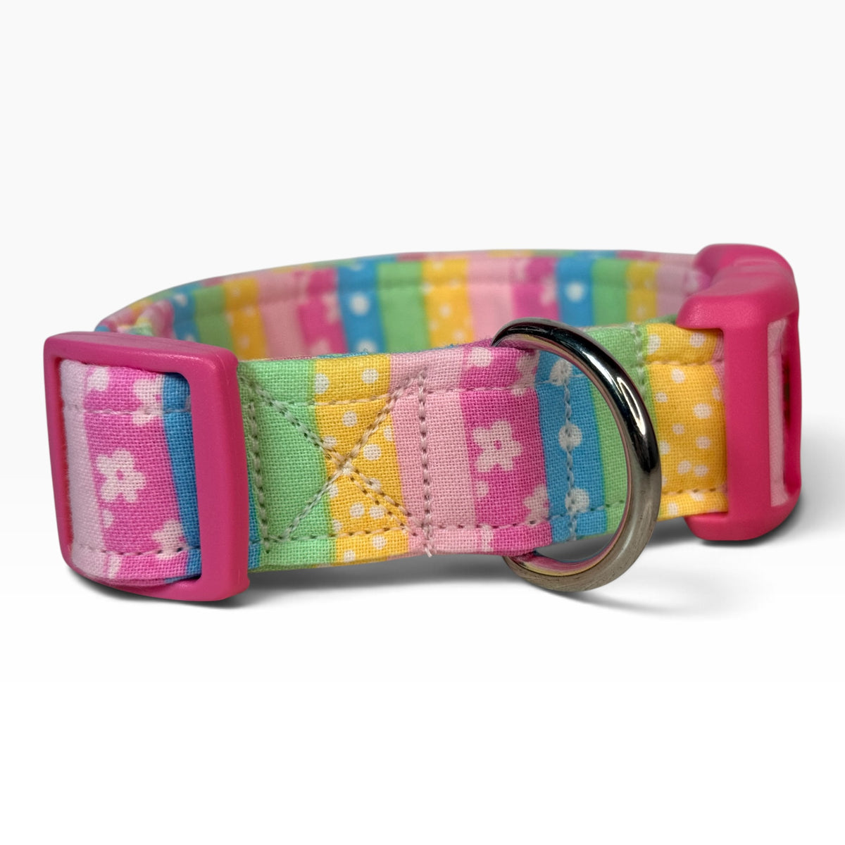 Floral and Pastel Stripes Handmade dog collar,  Handmade Pet Collar with Heavy-Duty Webbing & Stainless Steel Hardware