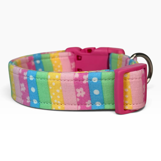 Floral and Pastel Stripes Handmade dog collar,  Handmade Pet Collar with Heavy-Duty Webbing & Stainless Steel Hardware